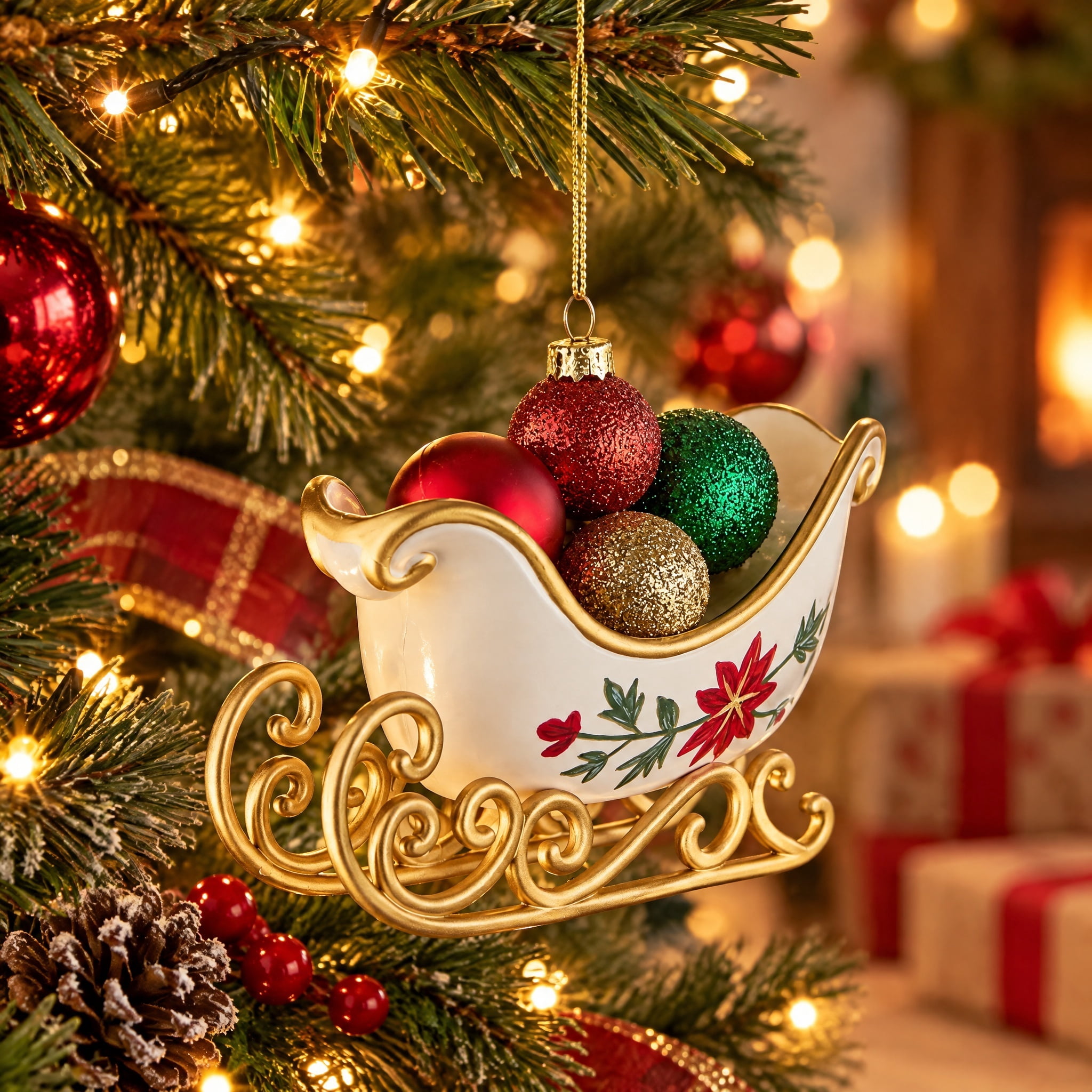 Multicolor Poinsettia Sleigh Christmas Ornament, 4", by Holiday Time