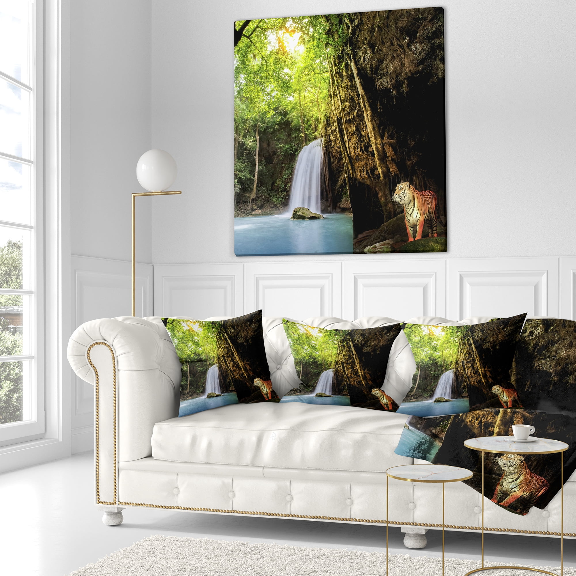 Designart Tiger Watching Waterfall - Landscape Photography Throw Pillow - 16x16