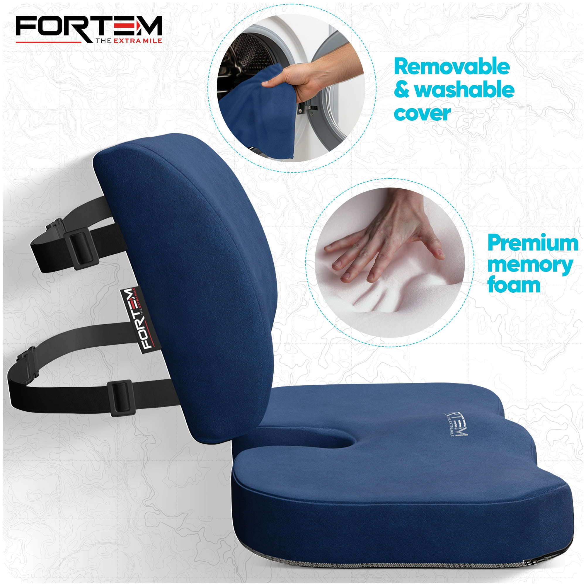 FORTEM Seat Cushion, Office Chair Cushion, Lumbar Support Pillow for Office Chair, Memory Foam Car Seat Cushions, Sciatica Coccyx Tailbone Pain Relief, Cushions for Back Support, Washable, Non Slip