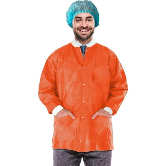 Disposable Lab Jacket, 30 Inches Long. Pack of 100 Orange Disposable Hip-Length Workwear Medium. SMS 50 gsm Disposable Shirts with Snaps Front, Knit Cuffs & Collar, 3 Pockets. Unisex PPE Coat