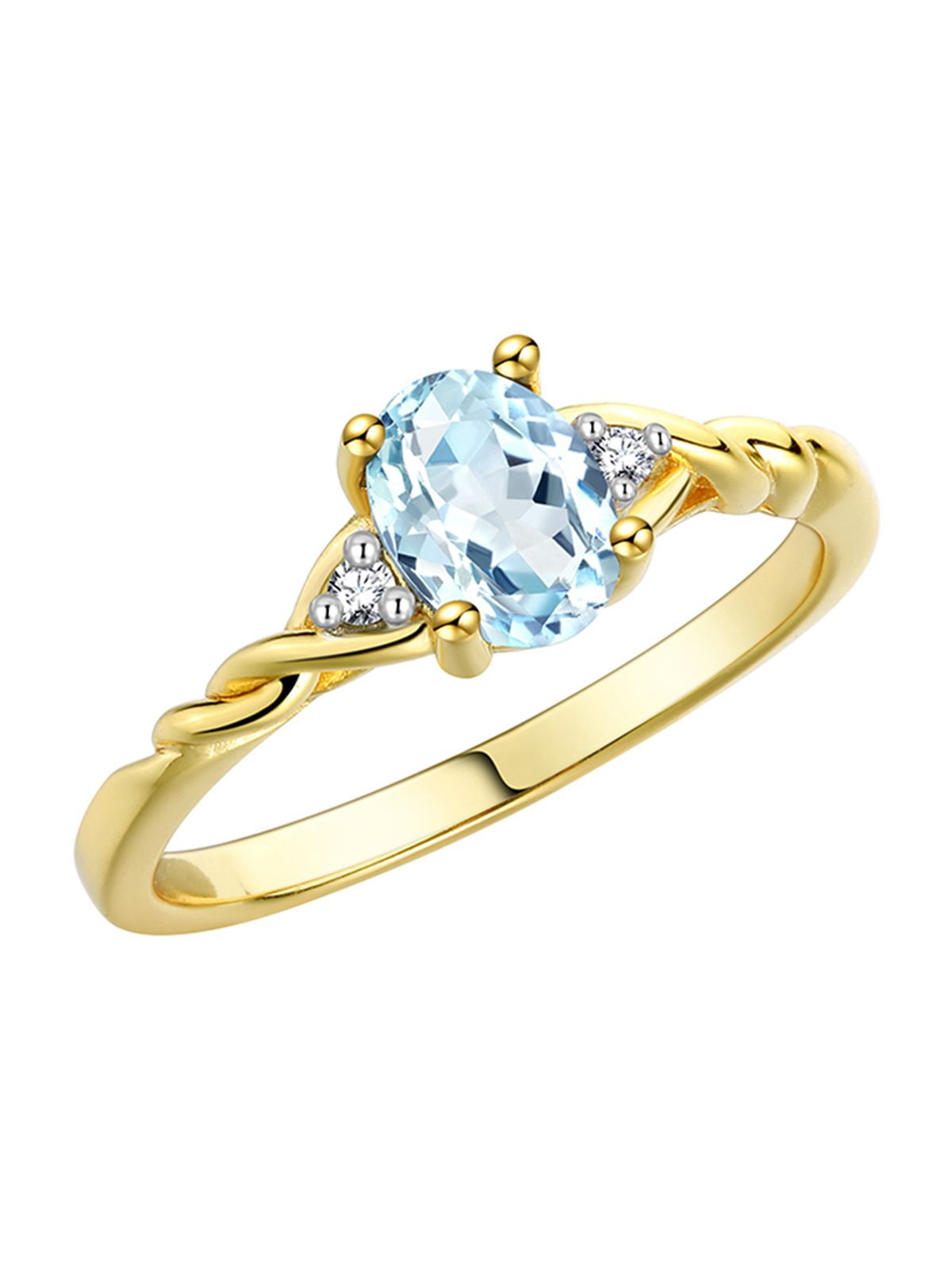 RYLOS Rings for Women 14K Gold Plated Silver Classic Style Birthstone Ring 7X5MM Oval Gemstone & Diamonds March Aquamarine Jewelry for Women Size 7