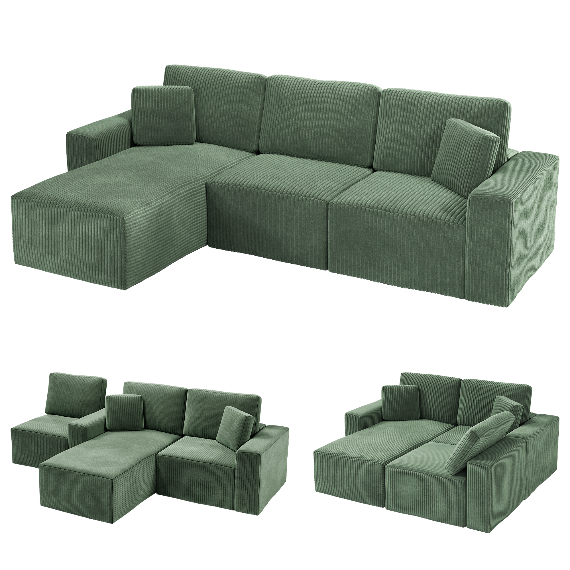 Solid Wood Frame Corduroy Sofa Couch, Neche 100" Sectional for Living Room, L-Shaped, Green