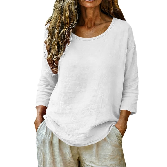 Besolor 3/4 Sleeve Tops for Women Cotton Linen Casual Loose Summer Crewneck Shirts Lightweight Loungewear T-Shirt Top