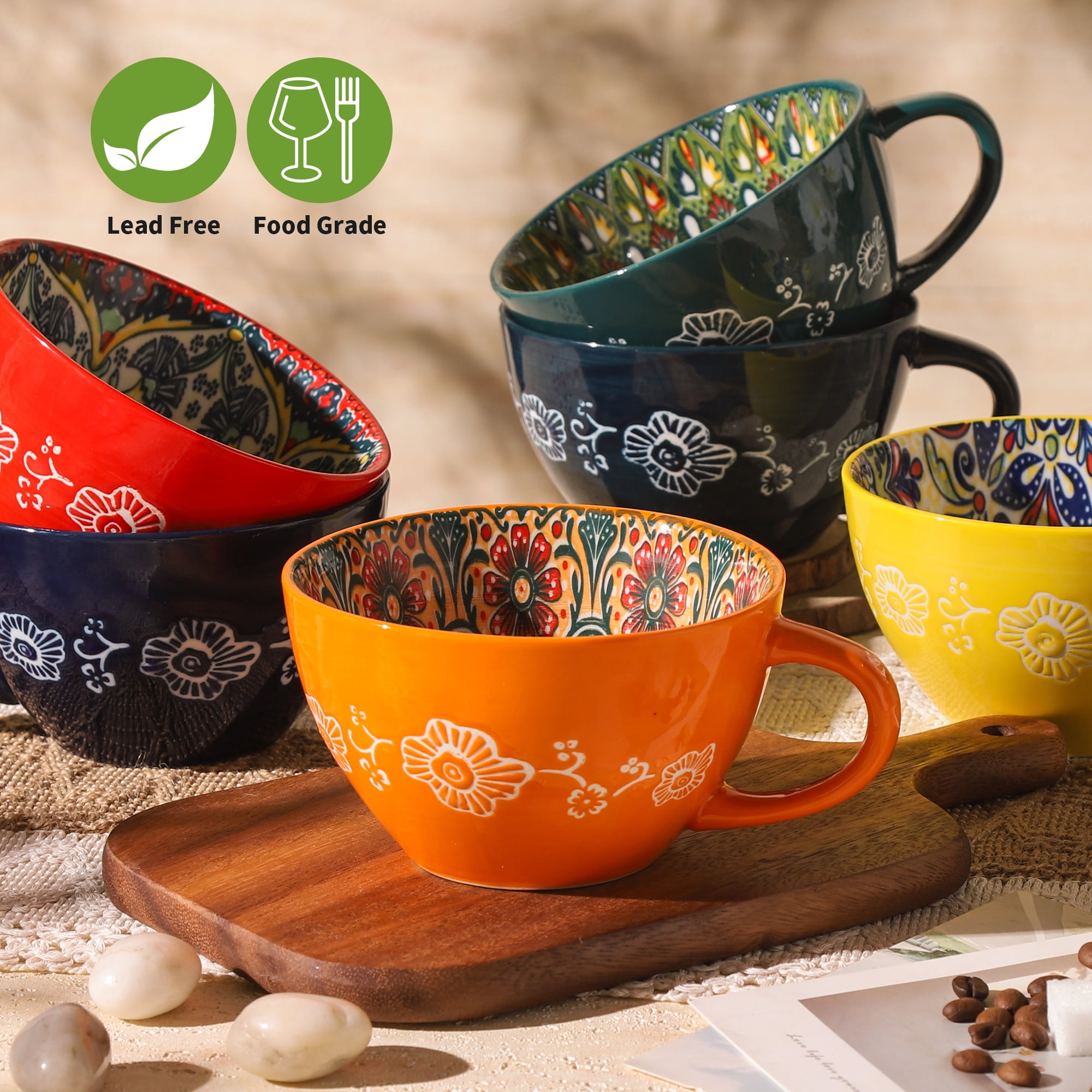 Coffee Mug Set of 6, 14 oz Coffee Mug Ceramic with Handle, Porcelain Tea Cups Set, 6 Pcs Coffee Cups for Cappuccino, Latte, Espresso, Microwave & Dishwasher Safe, Ideal Gift for Your Love