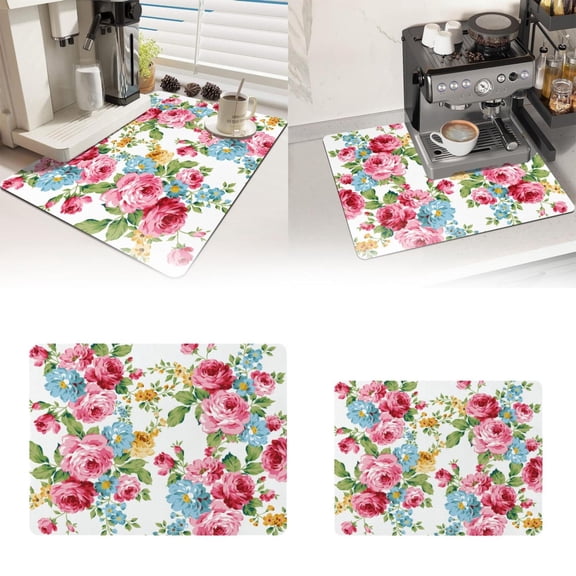 Homelyt Coffee Bar Mat Absorbent Rubber Drying Mat for Kitchen Counter Flower Decor Stain Hide Dish Draining Pad Fit Under Coffee Maker