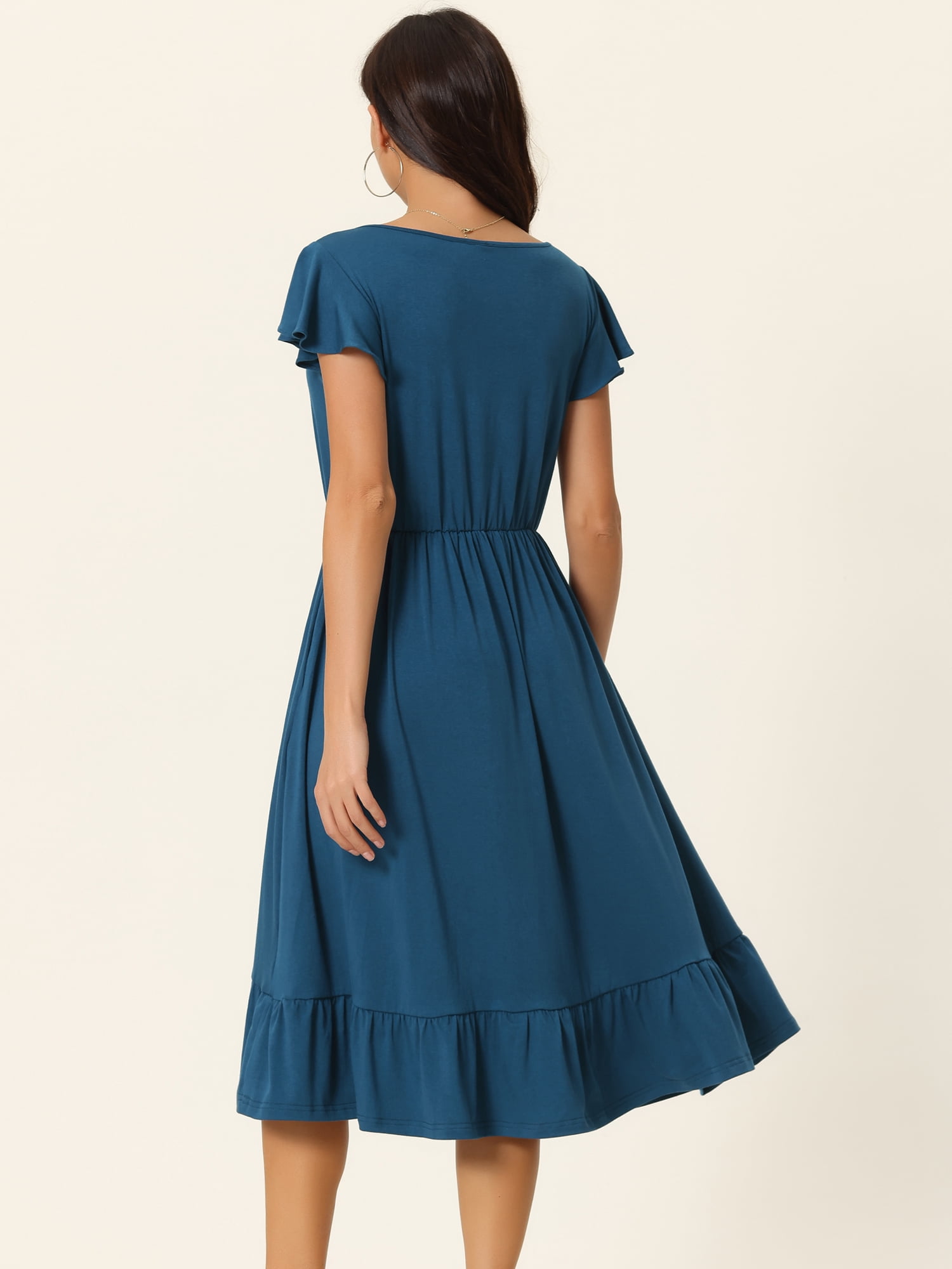 DARING DIVA Women Crew Neck Flutter Midi Dress with Pockets L Blue