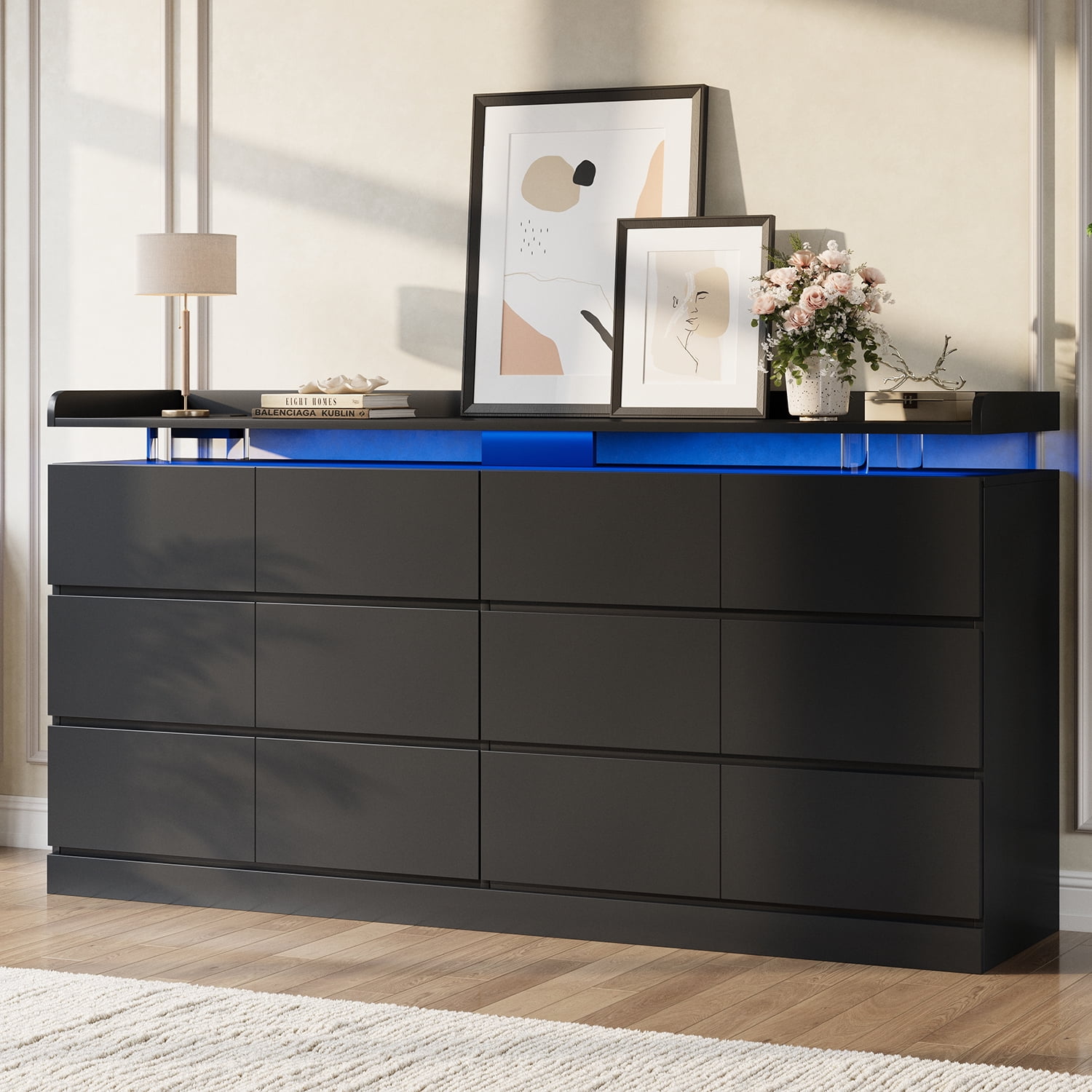BaPiPro 63-Inch Black 12 Drawer Dresser, Modern High Gloss Chest with LED Light & Glass Tabletop, Large Capacity Storage Cabinet for Bedroom or Living Room