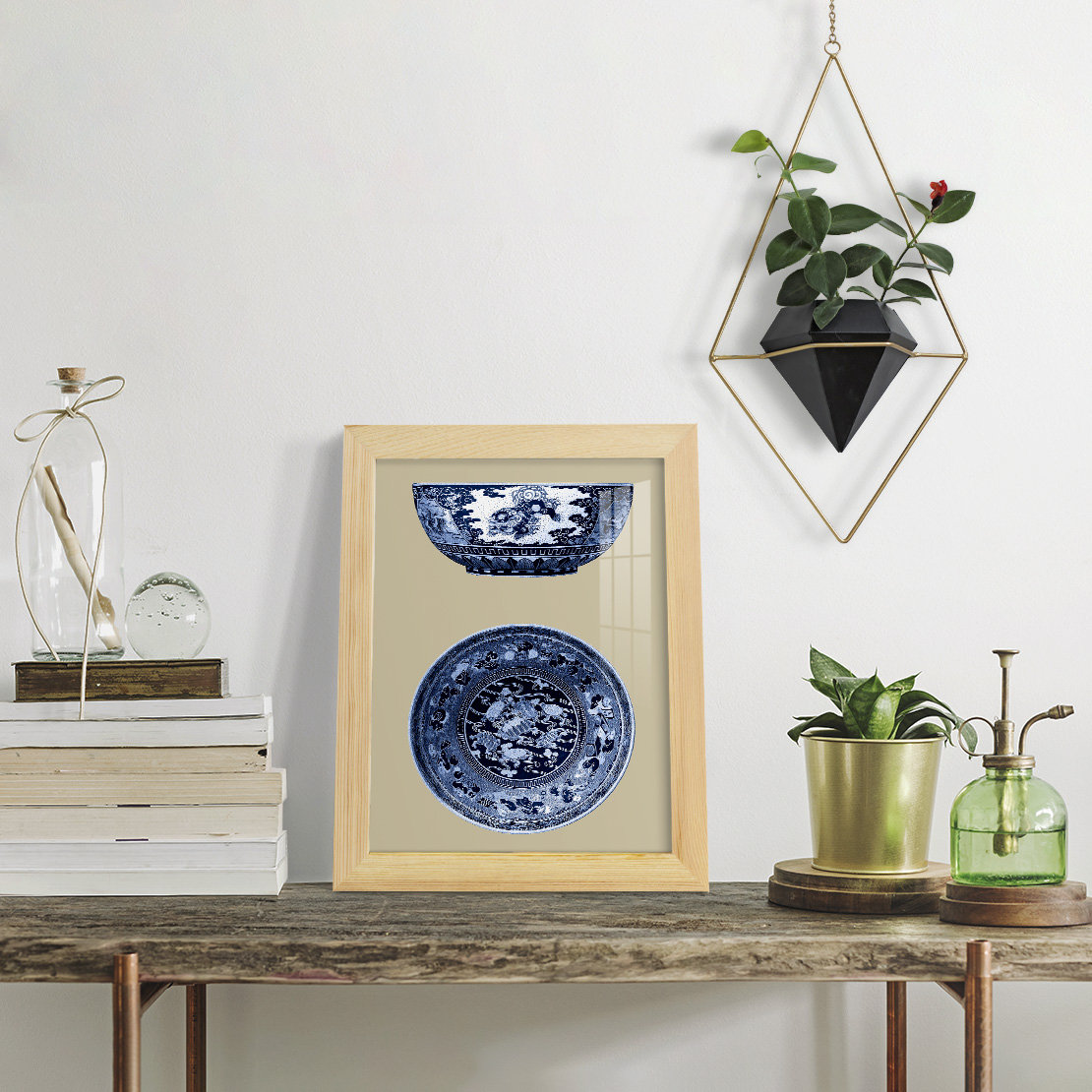 Porcelain in Blue and White I -Framed Print w/glass-Natural Wood