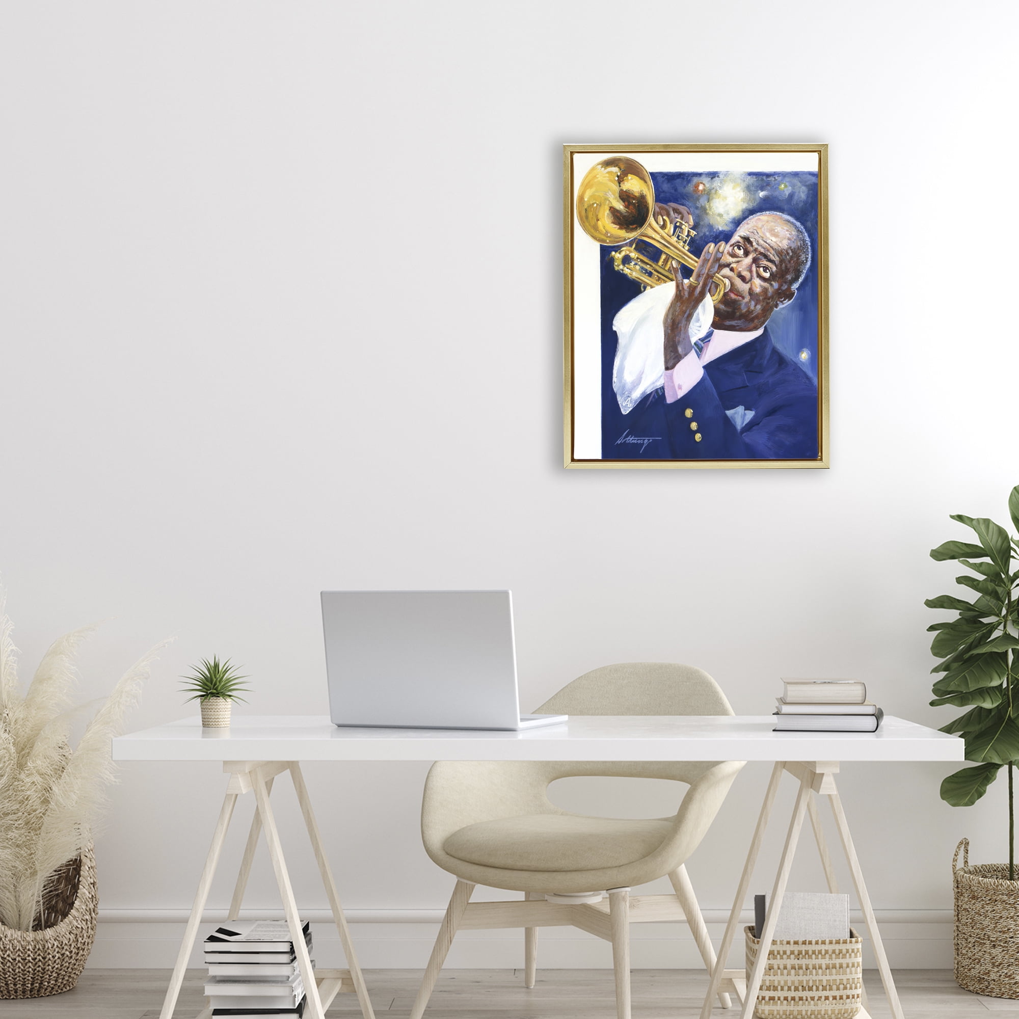 Louis Armstrong Portrait Gold Framed Floater Canvas Wall Art, design by Wind River Studios