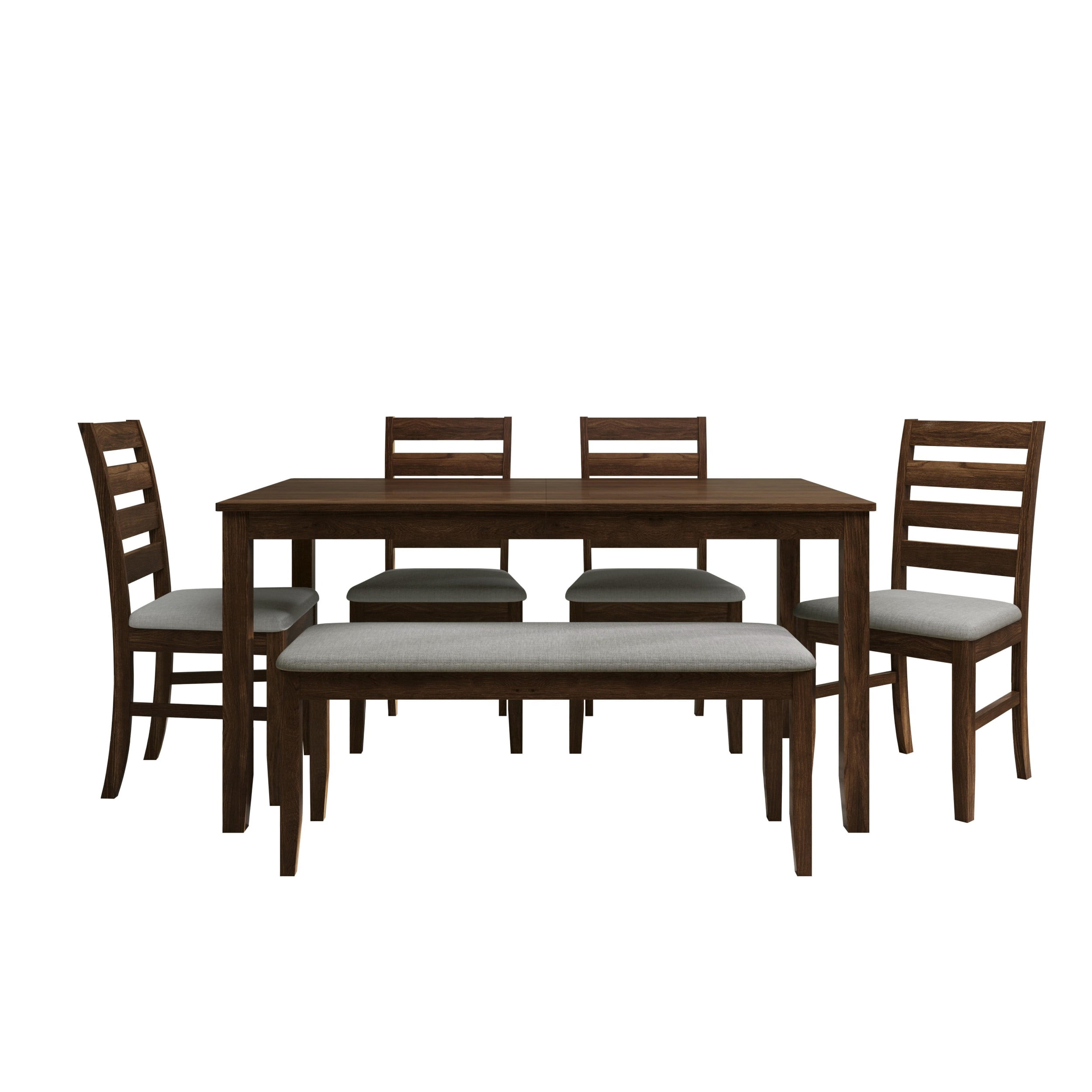 Home Design Ouray 6-Piece Dining Set, Brown - Wood Grain Embossed, Rectangular Table with Split Top, Ladder Back Chairs, Upholstered Bench