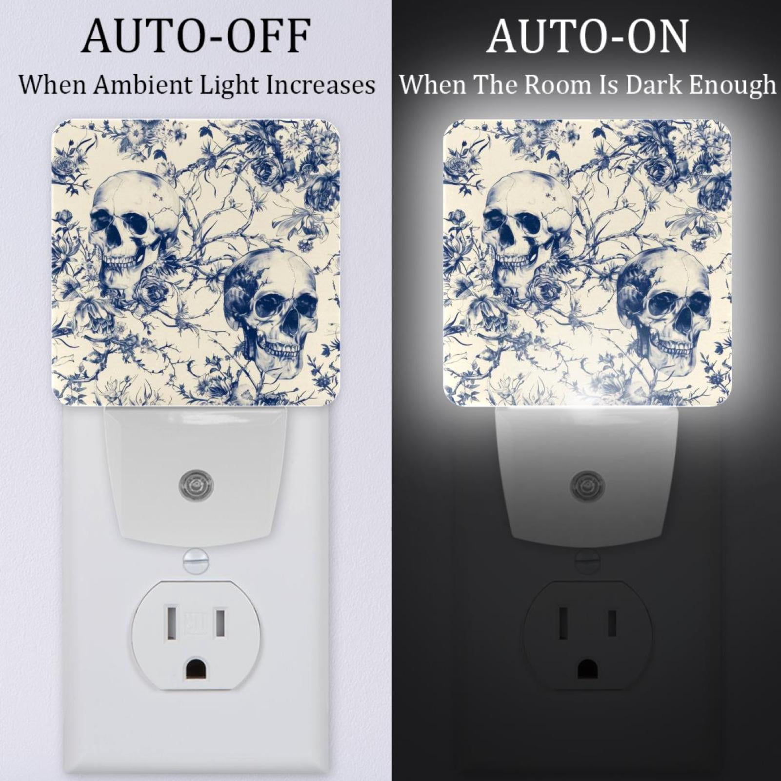 PhooArto Skull Floral Pattern Plug in LED Night Light Auto Sensor Dusk to Dawn Decorative Night for Bedroom, Bathroom, Kitchen, Hallway, Stairs, Baby's Room, Energy Saving