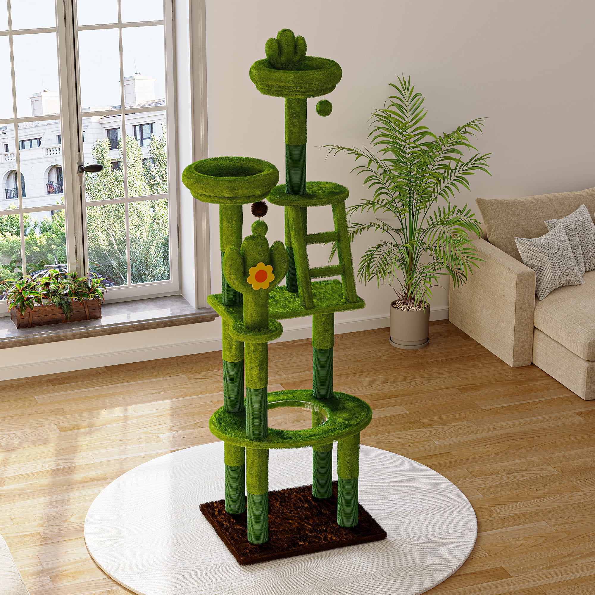 YIYADO 72in Cactus Cat Tree, Tall Indoor Cat Tower with Transparent Capsule, Sisal Scratching Posts, Plush Perches & Interactive Toys