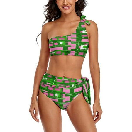 Pink & Green Fashions & Products! One Shoulder Bowknot Swimsuit Two Piece Swimsuit Knot Crop Top Bikini High Waisted Bathing Suit