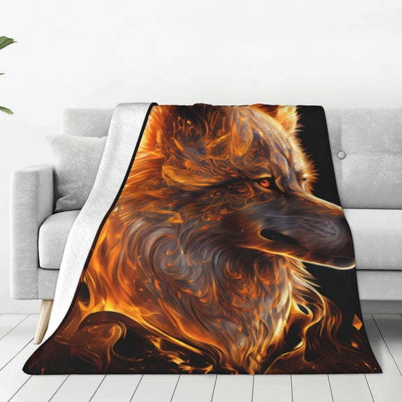 Rateoe Gold Flame Pattern Wolf Print Fuzzy Fleece Throw Blanket Extra Large,Super Soft,Fluffy and Warm Blankets for Couch,Bed,All Season Use (40"x30")