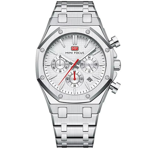 MINI FOCUS Men Fashion Sports Quartz Watch Multifunctional Luminous Dial Calendar Waterproof Stainless Steel Strap