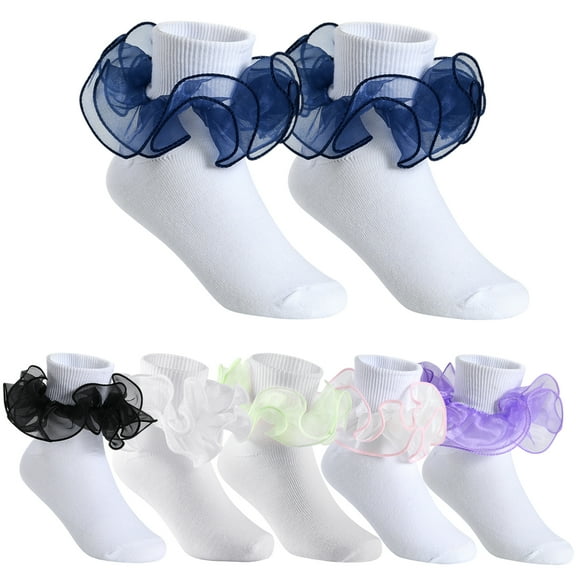 Little Girls Big Ruffle Socks Cute Double Lace Frilly Dress Socks 6 Pairs (S)