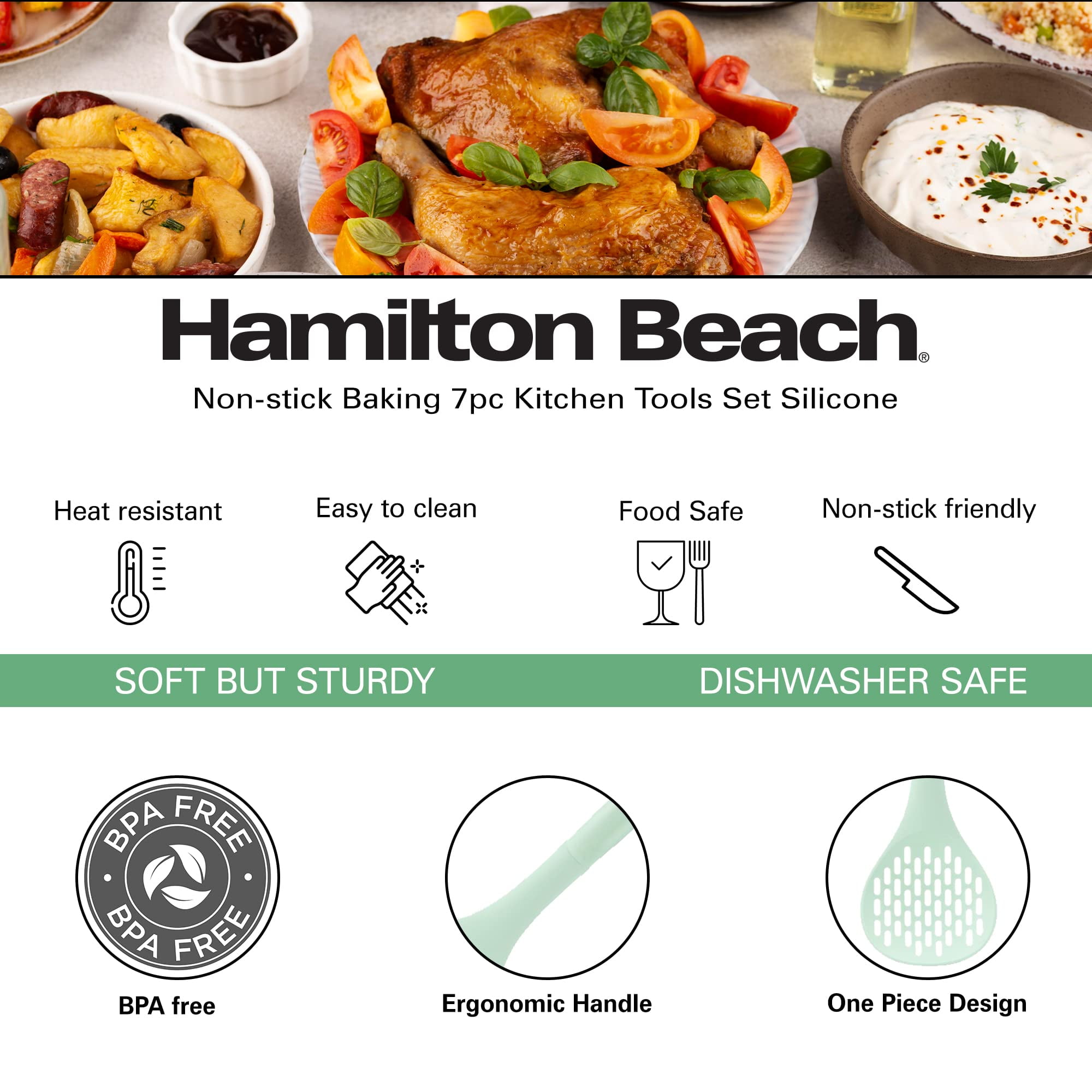 Hamilton Beach Nylon Kitchen Utensil Set 7 Piece | Cooking Utensil set – Slotted turner, Ladle Skimmer, Pasta Server, Potato Masher, Solid spoon Holder - Kitchen Gadgets for Nonstick Cookware
