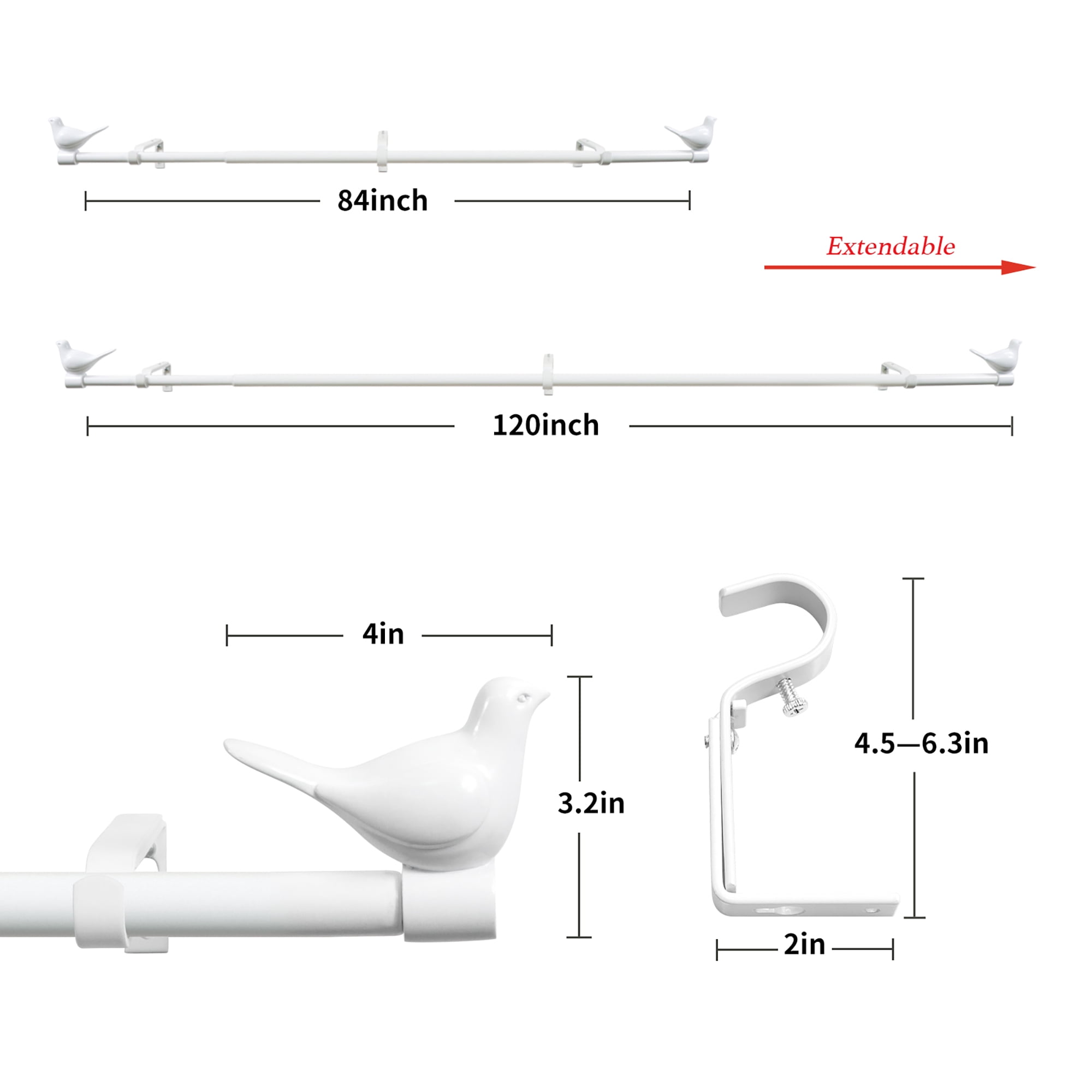 MERIVILLE 3/4" Diameter Farmhouse Single Window Treatment Curtain Rod, Bird Finials 84"-120", Glossy White
