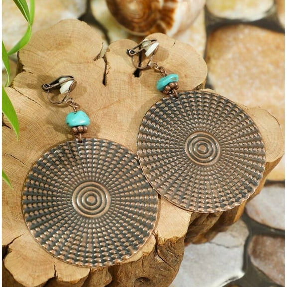 Clip on 2 3/4" brass circle and turquoise stone dangle earrings
