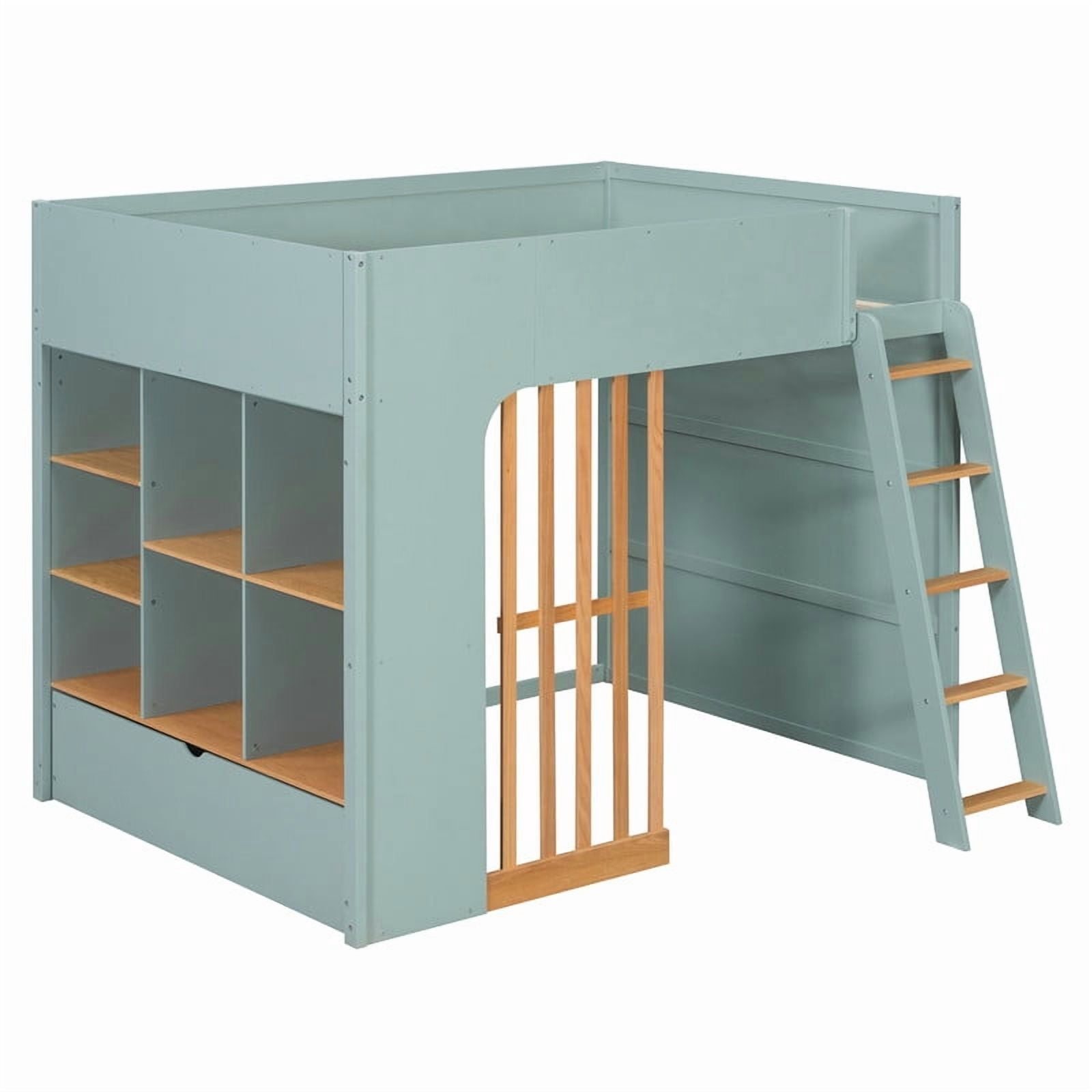 Full Size Kids Loft Bed with Shelves, Wooden High Profile Teens Storage Bed Frame with Ladder and Removable Large Drawer