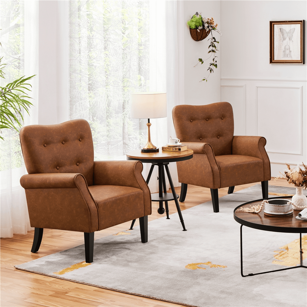Alden Design Mid-century Faux Leather Accent Chair with Tufted High Back for Living Room, Retro Brown