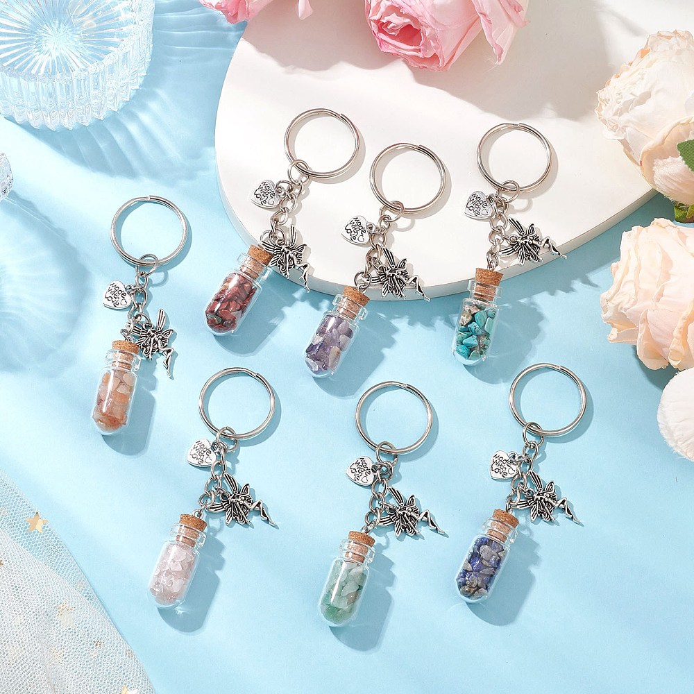 7pcs Glass Wish Bottle Keychains with Iron Split Key Rings and Gemstone Chip Beads 89mm