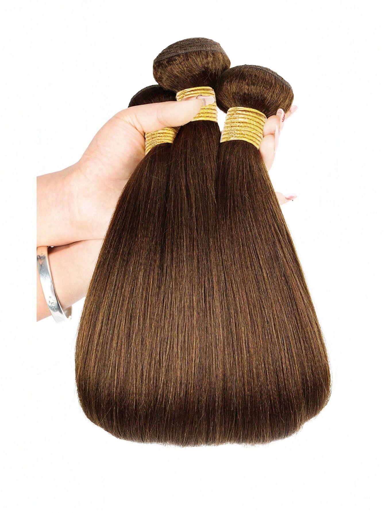 ChicRosa Light Yaki Straight 4# Brown Human Hair Bundles, 3 Pieces