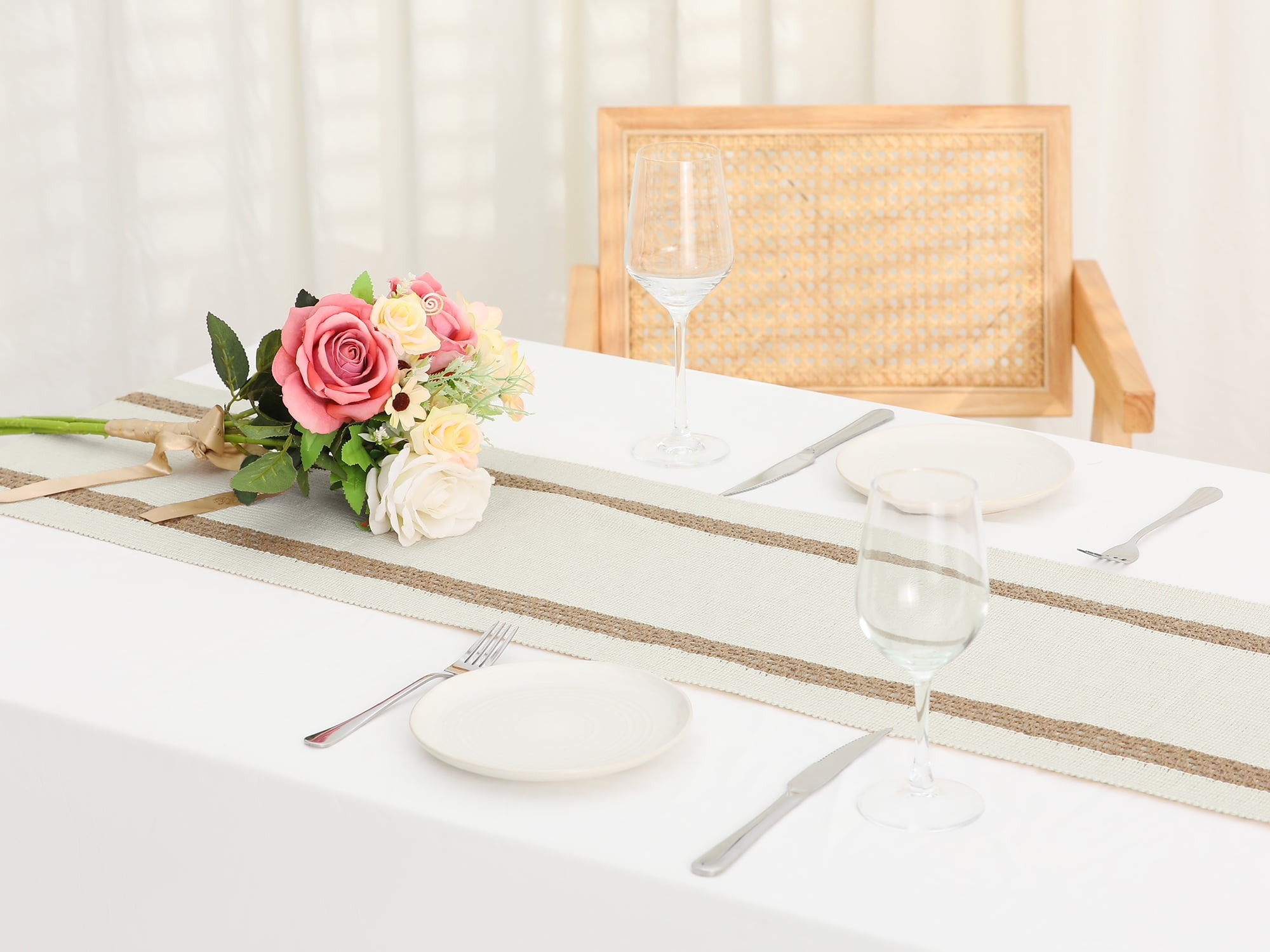 Unique Bargains 1 Pack Row of Fringe Table Runners Floral Table Banner White Brown 12"x63"