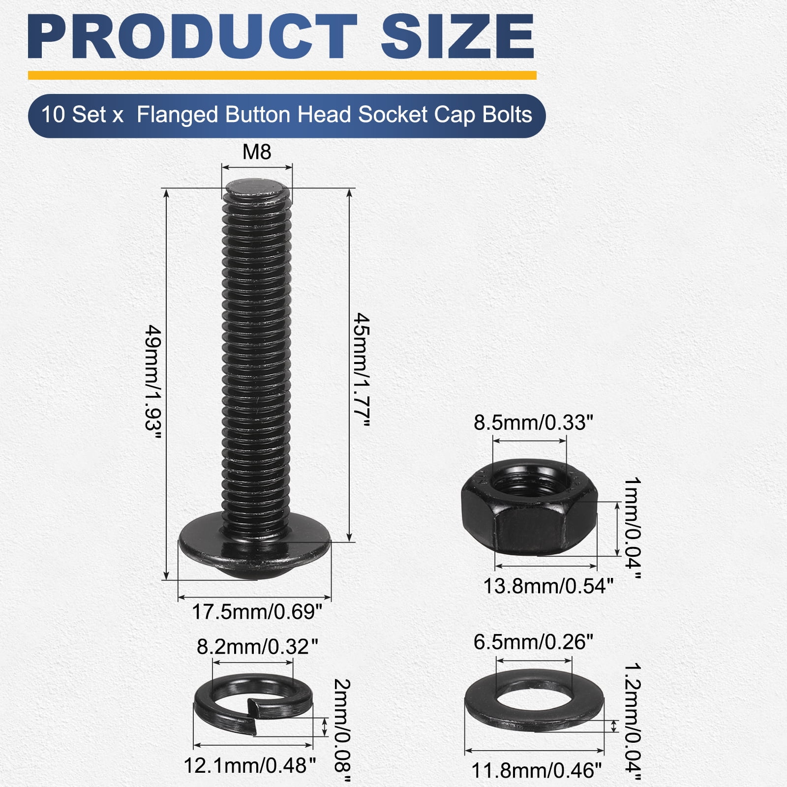 10 Set M8 x 45mm Flanged Button Head Socket Cap Screws, Black 304 Stainless Steel 18-8 Hex Socket Head Screws Bolts, Nuts, Flat & Lock Washers for DIY, Furniture, Automotive