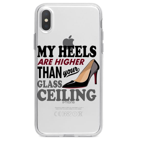 DistinctInk Clear Shockproof Hybrid Case for iPhone XR (6.1" Screen) - TPU Bumper Acrylic Back Tempered Glass Screen Protector - My Heels Are Higher Than Your Glass Ceiling