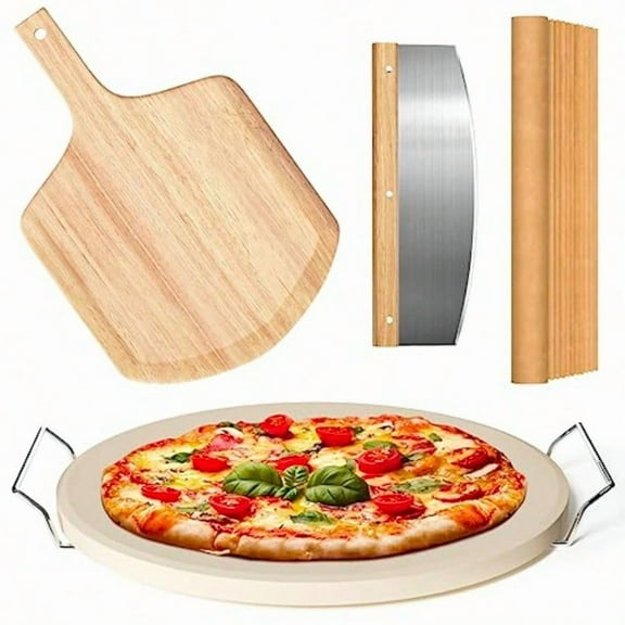 5 PCS Round Pizza Stone Set 13" Pizza Stone for Oven and Grill with Pizza Peel OAK Serving Rack Pizza Cutter and 10pcs Cooking Paper for Free Baking Stone for Pizza Bread