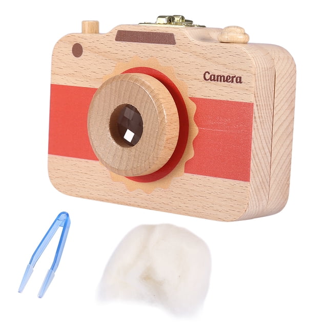 Caja de madera con diseño de cámara para guardar dientes de leche y cabello de bebé (roja)