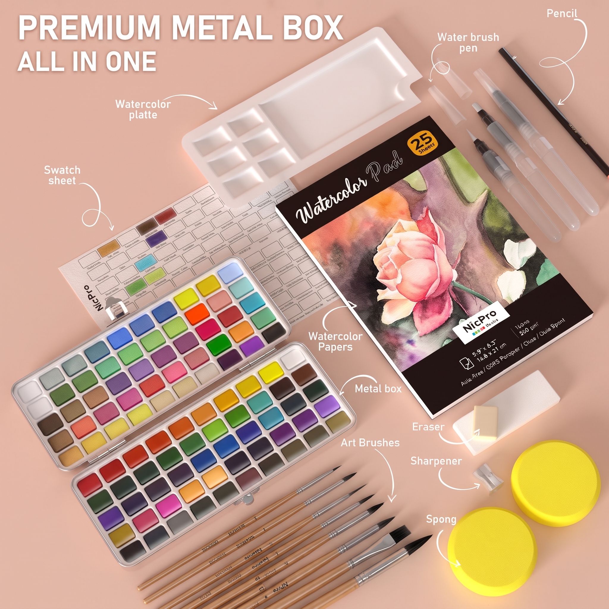 NicPro 100 Colors Watercolor Paint Set with Brushes & Paper photo 3