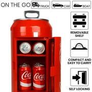 Coca-Cola 8 Can Portable Mini Fridge w/ 12V DC and 110V AC Cords, 5.4L (5.7 qt) Can Shaped Personal Cooler, Red, Travel Fridge for Drinks, Snacks, Lunch, Home, Office, Dorm Room, RV