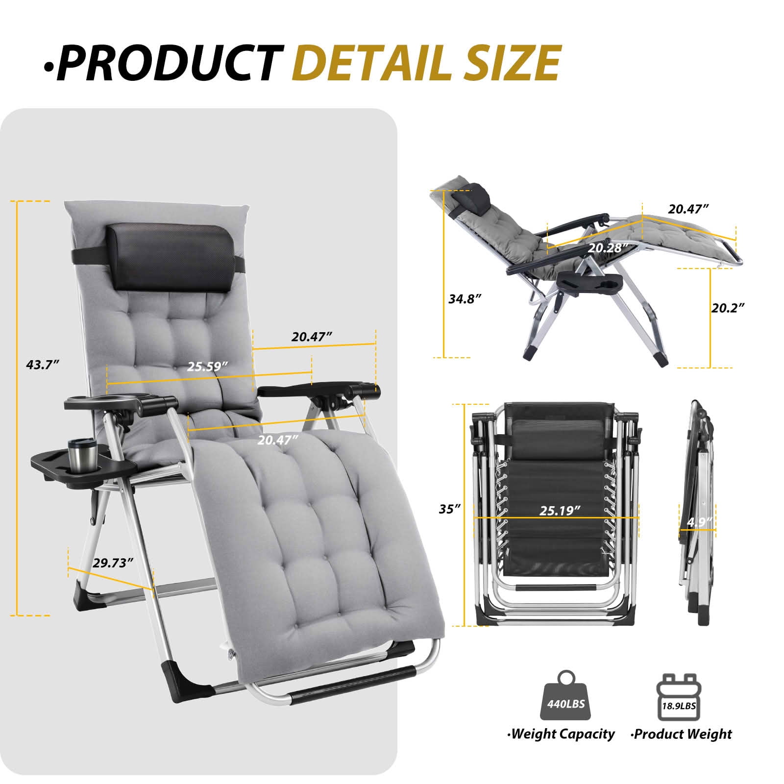 MAYEERTY Zero Gravity Chair Reclining Lounge with Cup Holder Tray Removable Cushion