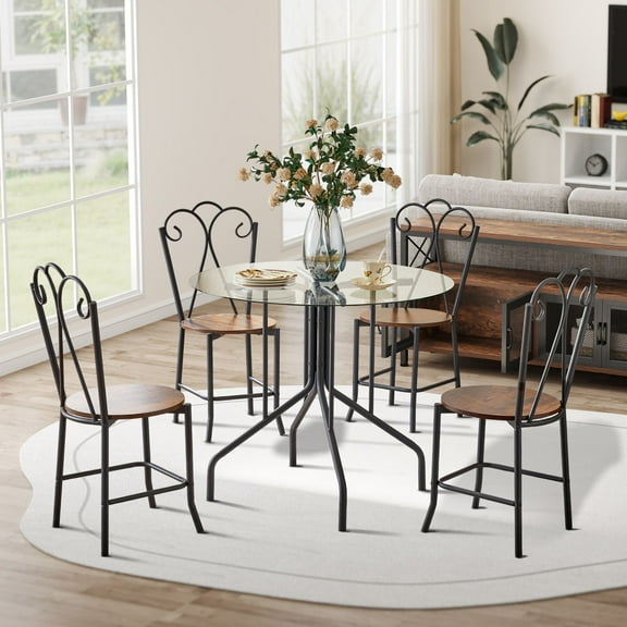 Aukfa 5-Piece Round Dining Table Furniture Set, Tempered Glass Table with 4 Chairs for Home, Kitchen, Dining Room