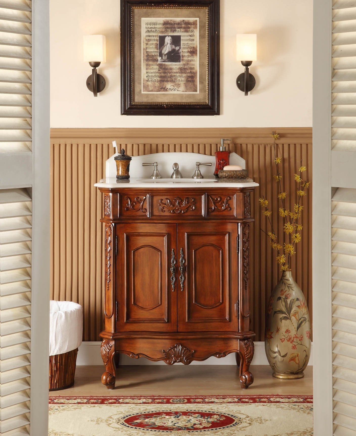 Benton Collection 30" Brown Antique Bathroom Vanity with White Marble Top