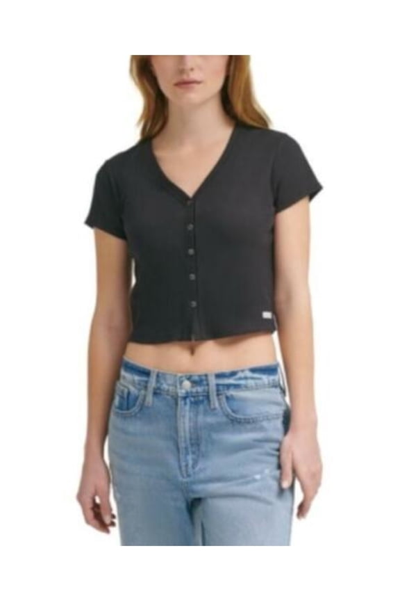Womens Black Stretch Ribbed Button Front Short Sleeve V Neck Crop Top L