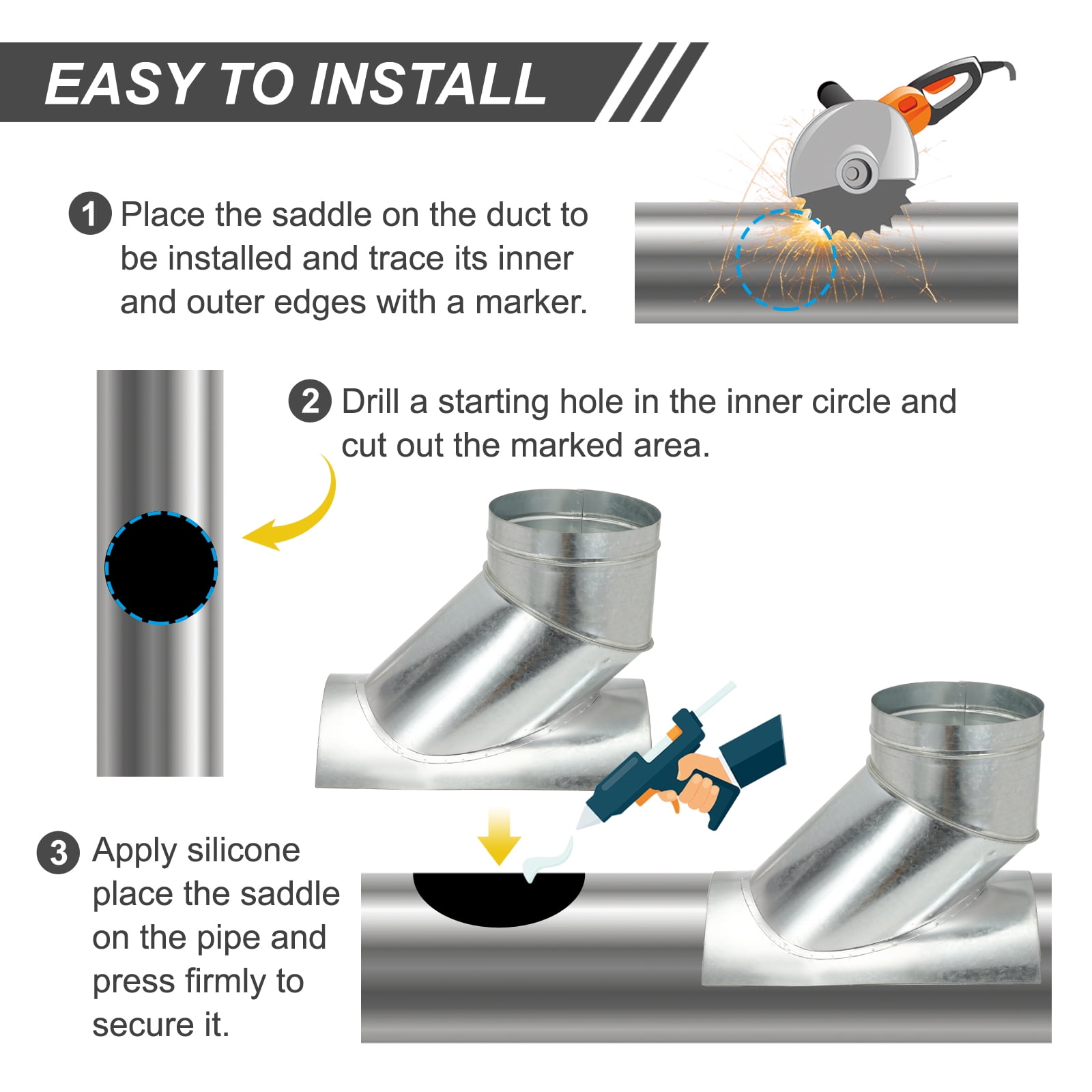 Duct Connector, Saddle Take Off 45 Degree 12" Duct to 4" Outlet Saddle Branch Extension Duct Splitter