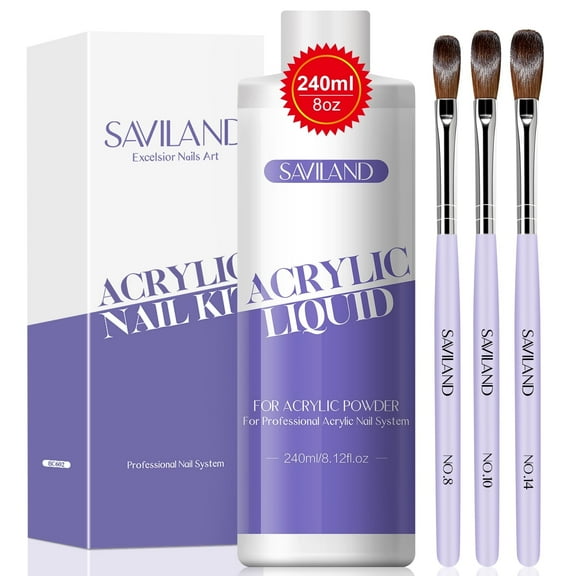 Saviland Monomer Acrylic Liquid - 240ML Acrylic Nail Liquid with 3PCS Acrylic Brushes Size 8/10/14 for Acrylic System Application Acrylic Nail Kit DIY Acrylic Nails Extension & Carving