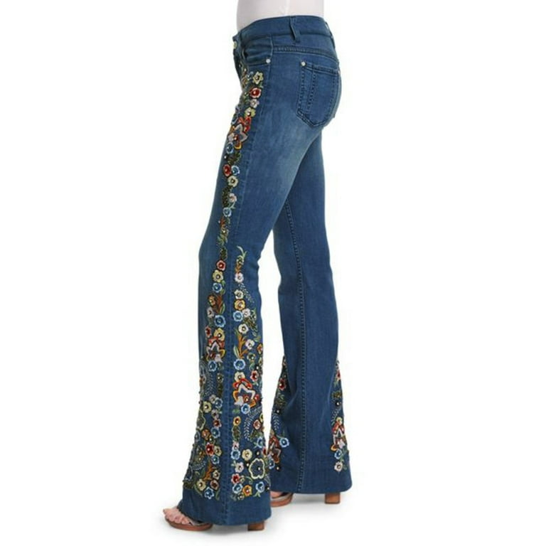 qolati Women's Flare Bell Bottom Jeans Imitation Denim