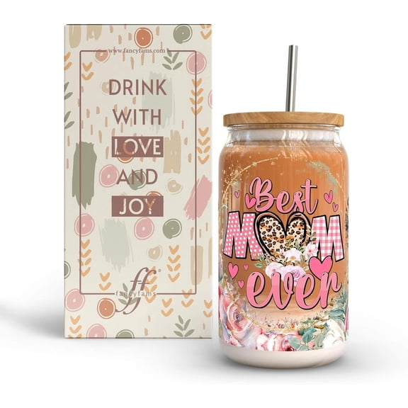 16 oz Glass Drinking Cup with Bamboo Lid, and Straw, Unique Birthday Gifts for Mom, Mother, Wife, New, Bonus, Pregnant Mother, Can Shaped Cups (Best Mom - Glass)