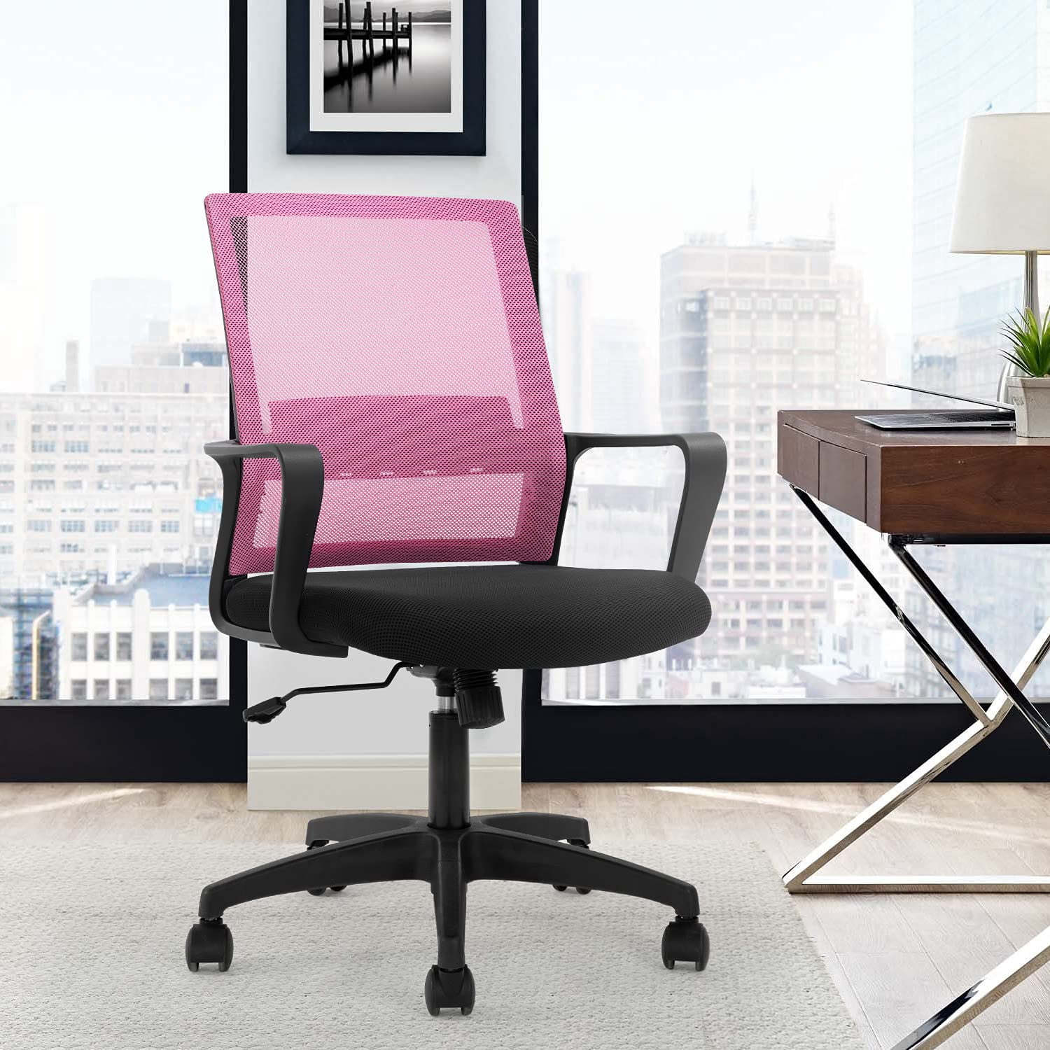FDW Ergonomic Mesh Office Chair - Adjustable Mid-Back Computer Desk Chair with Lumbar Support, Pink