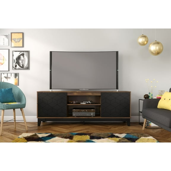 Nexera Hexagon TV Stand with Shelves and 2 Doors for TVs up to 80 in., Black and Truffle