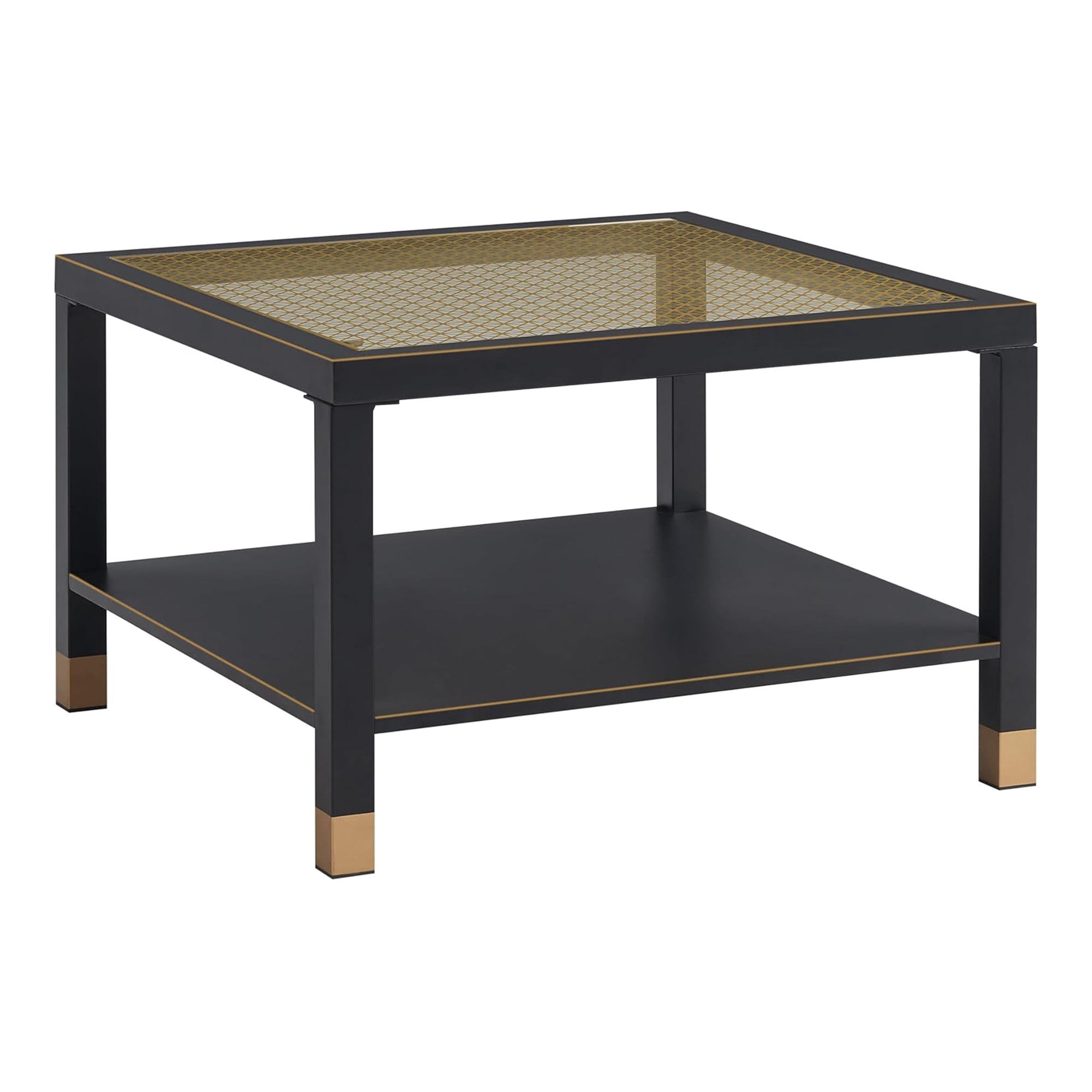 Leumius Modern Square Coffee Table, 27.6" Crisp Metal Frame, Luxe Gold Glass Top for Living Room Office Black