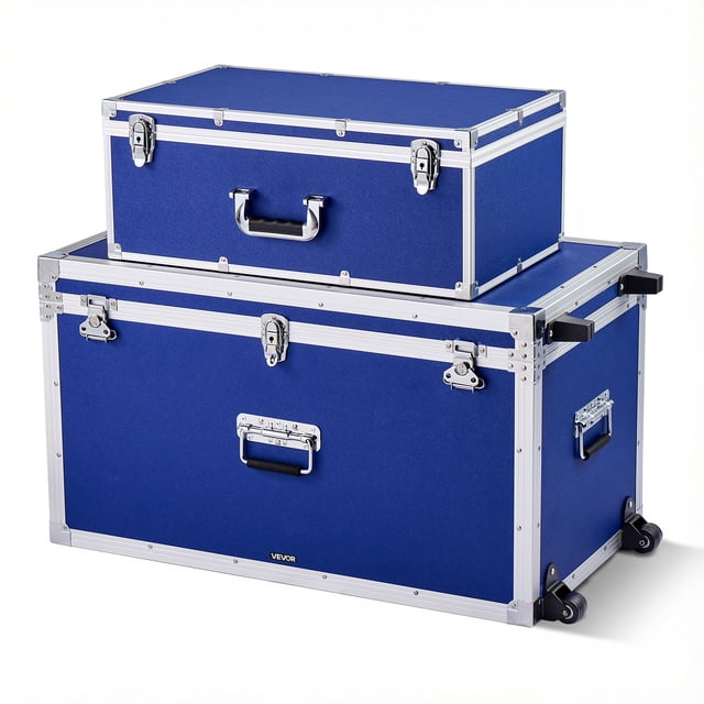 VEVOR Metal Storage Trunk, Set of 2, Wooden Suitcase Storage Boxes with Padlocks, Large Trunk Includes Casters & 3 Metal Handles, Decorative Store Chest with Lids, Blue