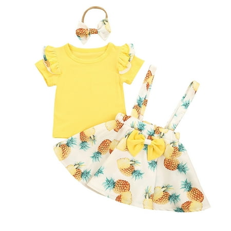 

Yyeselk Infant Outfits Baby Girls Soild Tops Pineapple Bow Suspender Skirts Headbands Sets