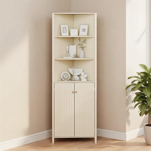 Spaco Beige 68 Inch Tall Corner Cabinet, 5 Shelves & 2 Fluted Doors with Anti-Toppling