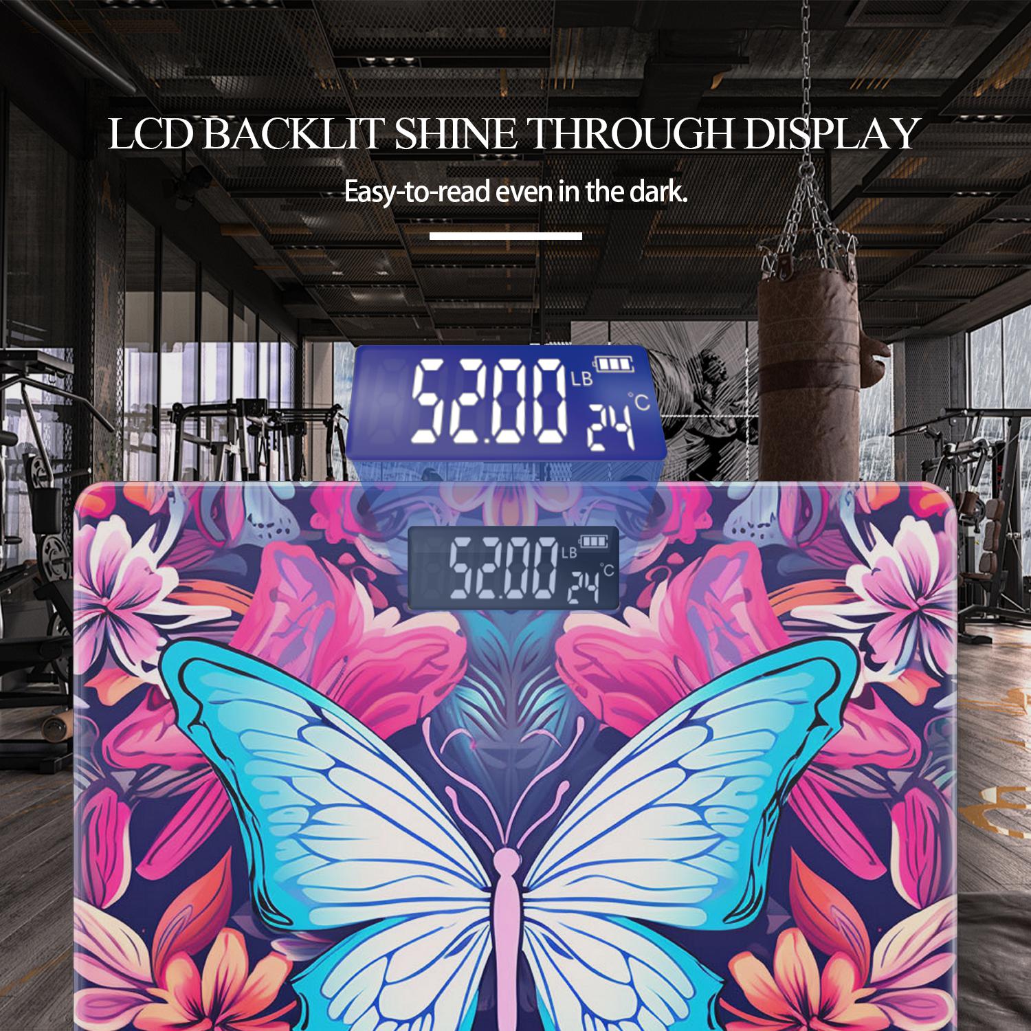 High Precision Body Weight Scale Smart Bathroom Scales with Large LCD Display(400 lbs),Decorative for Bedroom-Butterfly with Flowers and Leaves on a Black Background