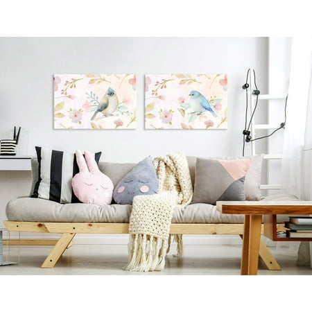 wall26 Canvas Wall Art - Watercolor Style Painting of Pink Birds and Floral Patterns - Giclee Print Gallery Wrap Modern Home Decor Ready to Hang - 24